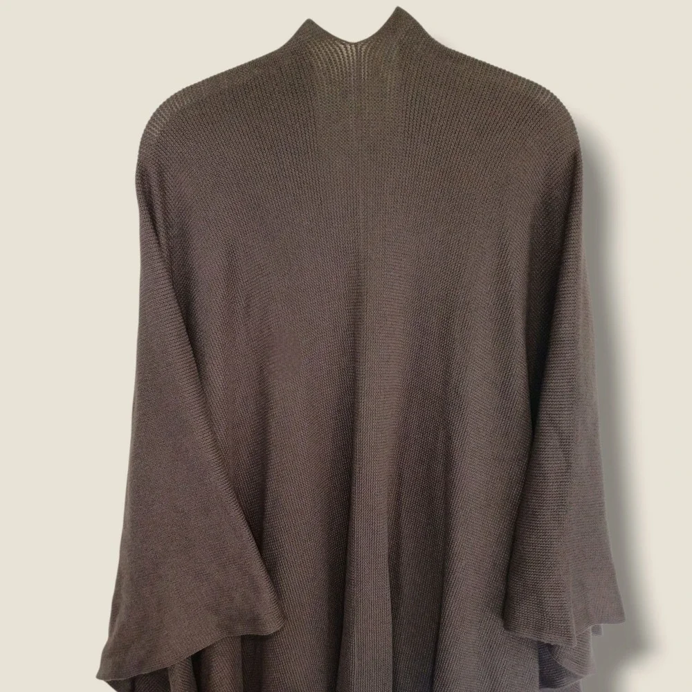 Woman Within Brown Open Front Fringe Hem Poncho Cape Pockets Oversized Cabincore